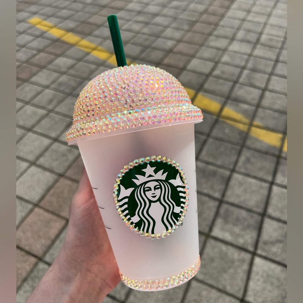 NWOT Starbucks Bling Peach Glittering Rhinestone Cup with Green Straw